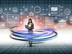 Marketing-Profi mit Clipboard vor Laptop, umgeben von abstrahierten Datenströmen, Consent-Fenstern, Tracking-Pixeln, Diagrammen und digitalen Geräten in einem futuristischen Office.