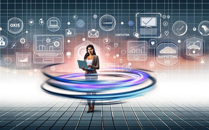 Marketing-Profi mit Clipboard vor Laptop, umgeben von abstrahierten Datenströmen, Consent-Fenstern, Tracking-Pixeln, Diagrammen und digitalen Geräten in einem futuristischen Office.