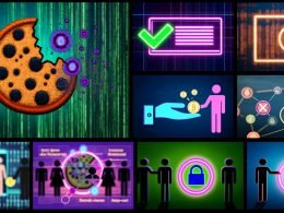 Verschiedene Illustrationen zu Zero-Party Data, Yahoo Gemini Ads, Targeting-Alternativen, Consent-Management und AdTech-Lösungen. Dargestellt: zerbröckelnder Cookie, Neon-Schriftzug Yahoo Gemini, Nutzer geben freiwillig Daten ab, Vergleich von Targeting-Methoden, Consent-Banner sowie moderne Dashboards und Monitoring-Szenen.