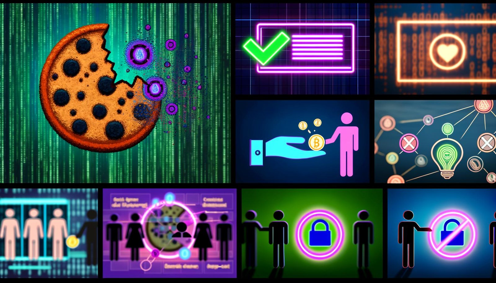 Verschiedene Illustrationen zu Zero-Party Data, Yahoo Gemini Ads, Targeting-Alternativen, Consent-Management und AdTech-Lösungen. Dargestellt: zerbröckelnder Cookie, Neon-Schriftzug Yahoo Gemini, Nutzer geben freiwillig Daten ab, Vergleich von Targeting-Methoden, Consent-Banner sowie moderne Dashboards und Monitoring-Szenen.