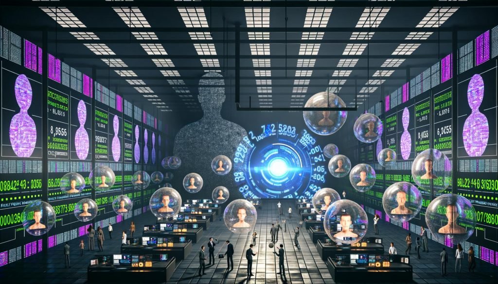 Futuristisches Großraumbüro mit Marketers, die mit Datenblasen jonglieren, riesigen Schatten-Algorithmen im Hintergrund und einer Plattform aus Datenschutzdokumenten mit leuchtendem Verantwortungs-Schild.