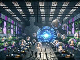 Futuristisches Großraumbüro mit Marketers, die mit Datenblasen jonglieren, riesigen Schatten-Algorithmen im Hintergrund und einer Plattform aus Datenschutzdokumenten mit leuchtendem Verantwortungs-Schild.