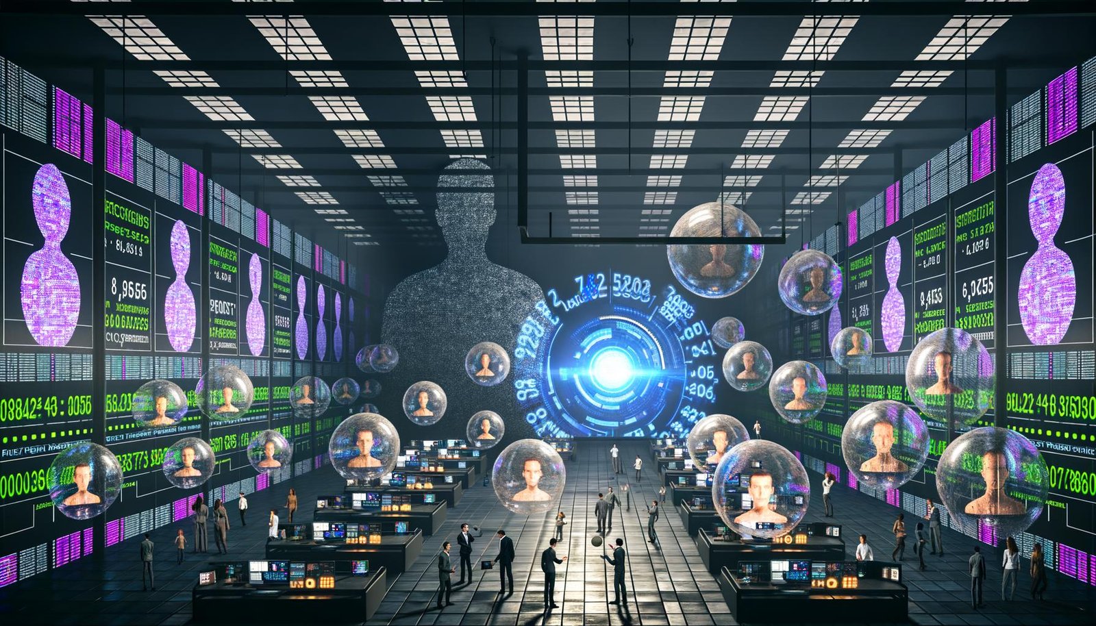 Futuristisches Großraumbüro mit Marketers, die mit Datenblasen jonglieren, riesigen Schatten-Algorithmen im Hintergrund und einer Plattform aus Datenschutzdokumenten mit leuchtendem Verantwortungs-Schild.