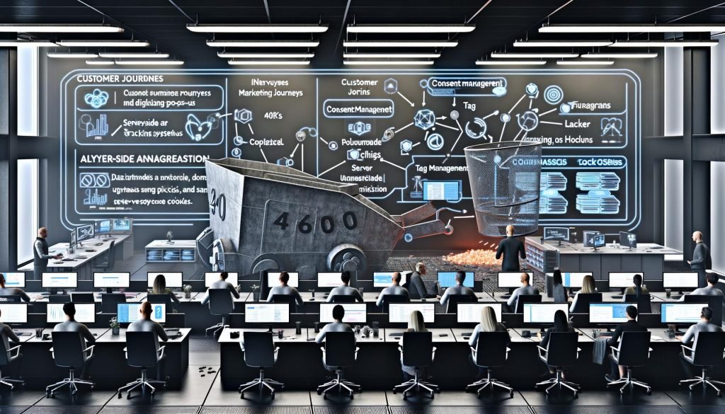 Futuristisches Marketing-Büro mit vielfältigen Professionals, digitalen Dashboards, Consent-Management, Tag-Management-Systemen und Datenvernichtung.