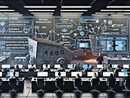 Futuristisches Marketing-Büro mit vielfältigen Professionals, digitalen Dashboards, Consent-Management, Tag-Management-Systemen und Datenvernichtung.