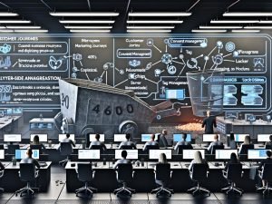 Futuristisches Marketing-Büro mit vielfältigen Professionals, digitalen Dashboards, Consent-Management, Tag-Management-Systemen und Datenvernichtung.