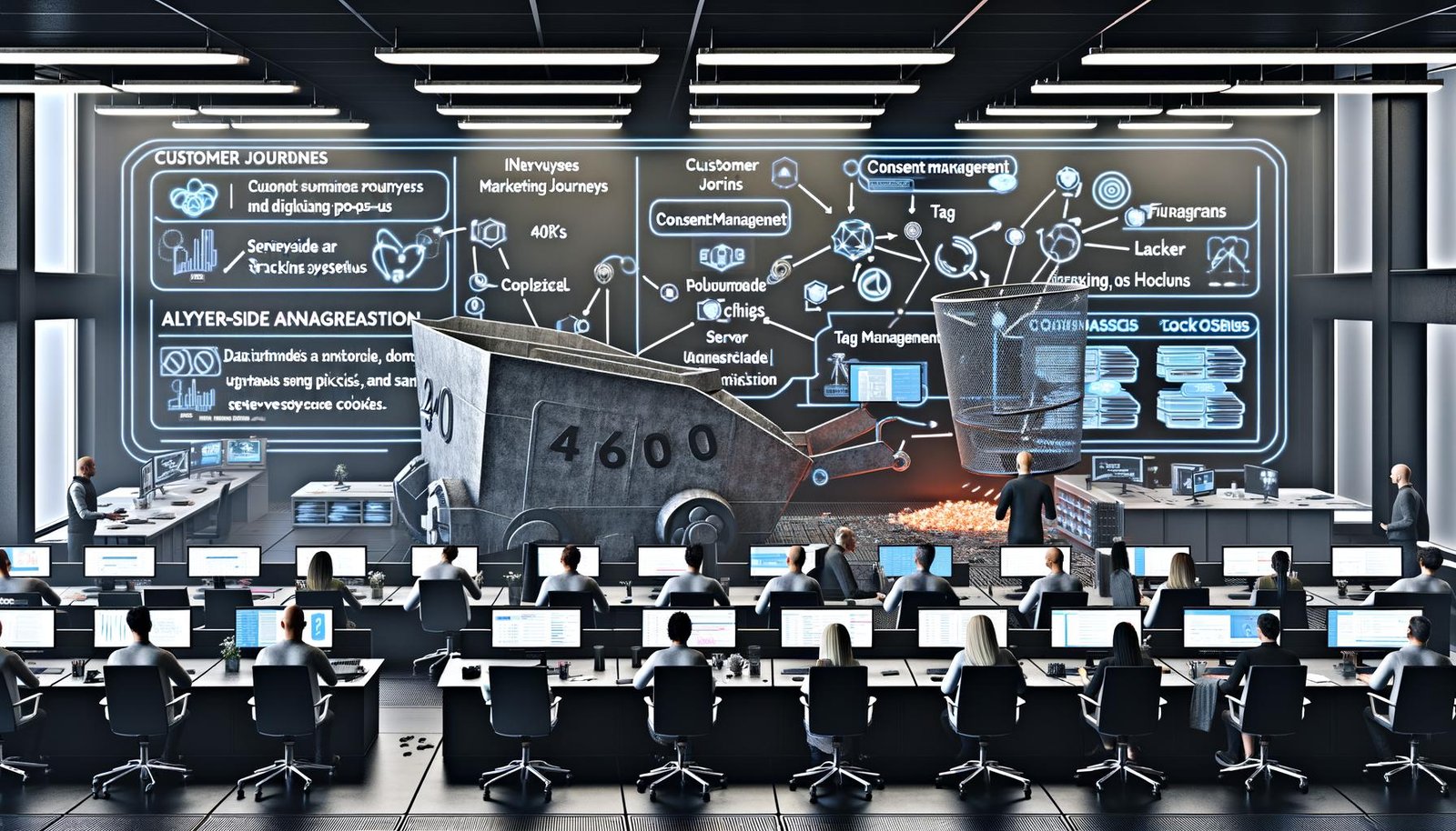 Futuristisches Marketing-Büro mit vielfältigen Professionals, digitalen Dashboards, Consent-Management, Tag-Management-Systemen und Datenvernichtung.