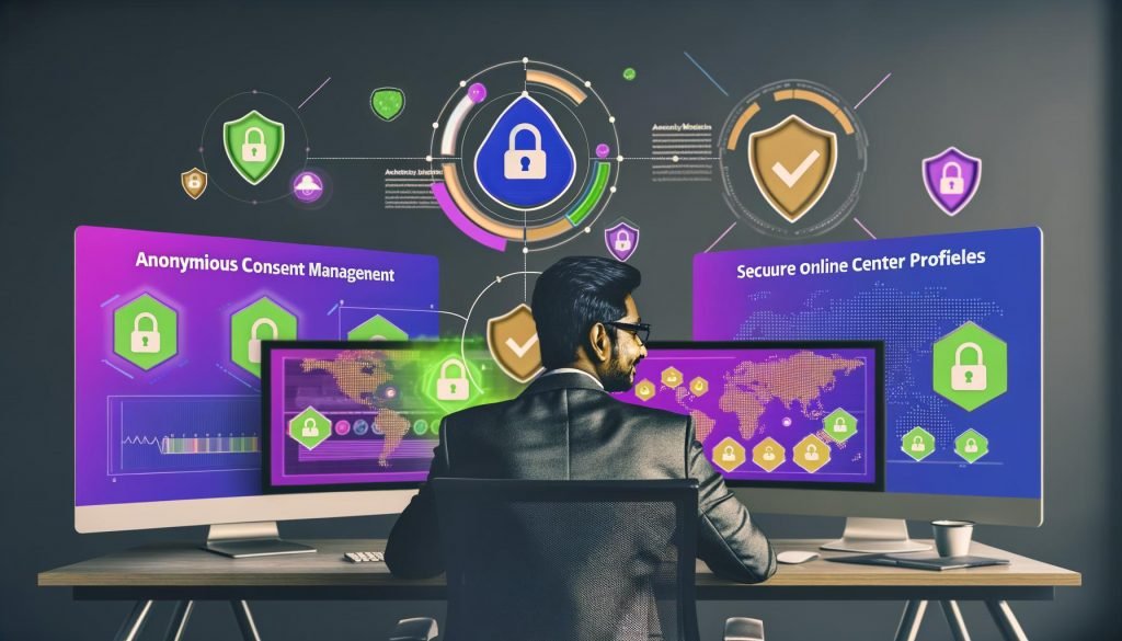 Moderner Arbeitsplatz mit Online-Marketer, mehreren Monitoren mit Yahoo Gemini, interaktiven Formularen, Segmentierung und Datenschutz-Overlays, farbigen Datenströmen sowie DSGVO-Symbolen.