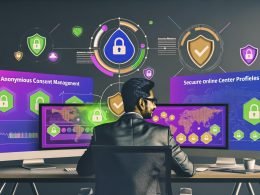 Moderner Arbeitsplatz mit Online-Marketer, mehreren Monitoren mit Yahoo Gemini, interaktiven Formularen, Segmentierung und Datenschutz-Overlays, farbigen Datenströmen sowie DSGVO-Symbolen.