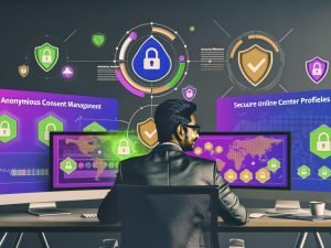 Moderner Arbeitsplatz mit Online-Marketer, mehreren Monitoren mit Yahoo Gemini, interaktiven Formularen, Segmentierung und Datenschutz-Overlays, farbigen Datenströmen sowie DSGVO-Symbolen.