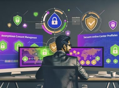 Moderner Arbeitsplatz mit Online-Marketer, mehreren Monitoren mit Yahoo Gemini, interaktiven Formularen, Segmentierung und Datenschutz-Overlays, farbigen Datenströmen sowie DSGVO-Symbolen.