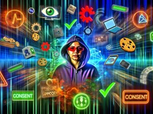 Cyberpunk-Szene mit Marketing-Expertin und digitalen Gadgets, umgeben von Data-Streams, Tracking-Tool-Symbolen, Cookie-Icons, Codezeilen, modernen Geräten und einem Datenschutz-Inspektor im Anzug, die den Kontrast zwischen Datenchaos und geordnetem Datenschutz zeigen.