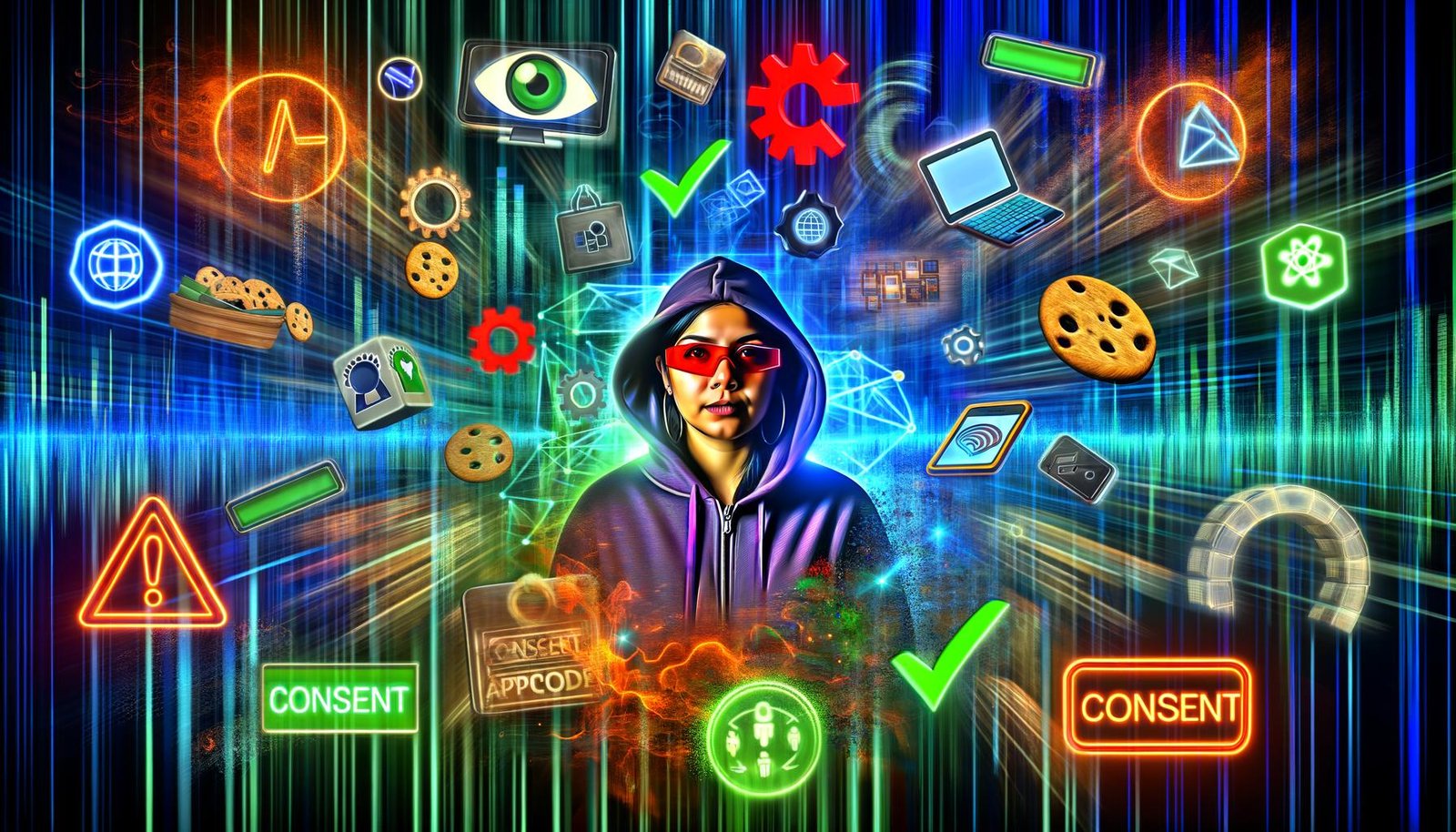Cyberpunk-Szene mit Marketing-Expertin und digitalen Gadgets, umgeben von Data-Streams, Tracking-Tool-Symbolen, Cookie-Icons, Codezeilen, modernen Geräten und einem Datenschutz-Inspektor im Anzug, die den Kontrast zwischen Datenchaos und geordnetem Datenschutz zeigen.