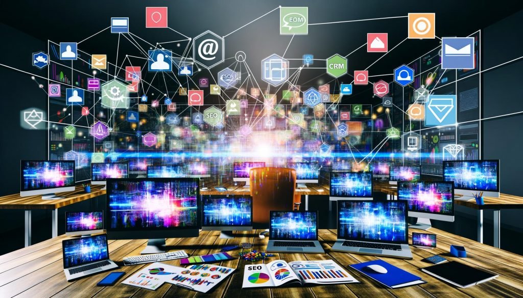 Überladener Schreibtisch mit blinkenden Bildschirmen, Social Media-Kanälen, Werbeanzeigen, Analysediagrammen und digitalen Netzwerk-Icons für SEO, E-Mail, CRM, Paid Ads und Analytics, alles hypervernetzt und leicht chaotisch.
