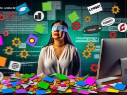 Überforderte Marketing-Managerin mit verbundenen Augen an einem chaotischen Schreibtisch voller bunter Notizen, verwirrter Tracking-Symbole und Cookie-Banner, im Hintergrund verschwimmen Schilder zu Consent, Data Quality und Compliance.