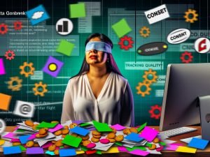 Überforderte Marketing-Managerin mit verbundenen Augen an einem chaotischen Schreibtisch voller bunter Notizen, verwirrter Tracking-Symbole und Cookie-Banner, im Hintergrund verschwimmen Schilder zu Consent, Data Quality und Compliance.