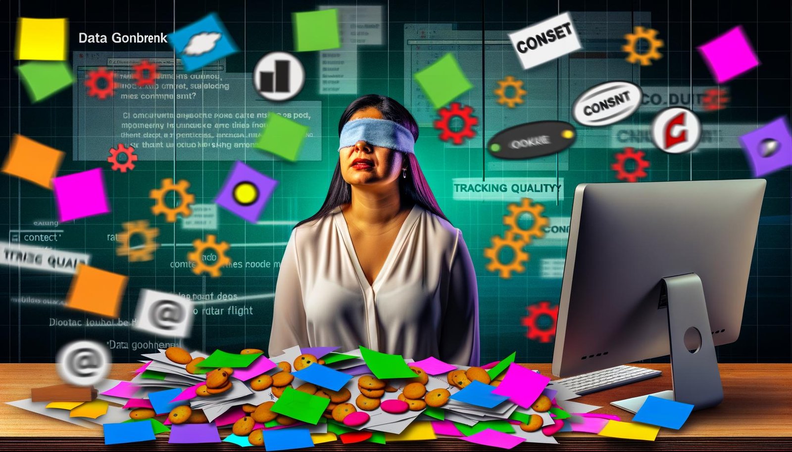 Überforderte Marketing-Managerin mit verbundenen Augen an einem chaotischen Schreibtisch voller bunter Notizen, verwirrter Tracking-Symbole und Cookie-Banner, im Hintergrund verschwimmen Schilder zu Consent, Data Quality und Compliance.