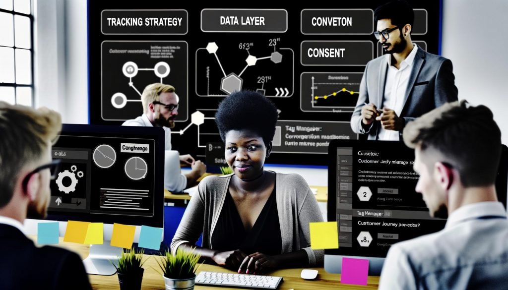 Konzentrierte Marketing-Managerin im modernen Büro vor drei Monitoren mit Dashboards, Tag-Manager und Consent-Popups, Post-its mit Schlagworten; im Hintergrund Kollegen an einem Whiteboard mit Customer Journey Map.