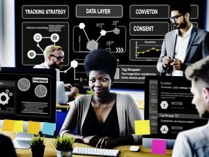 Konzentrierte Marketing-Managerin im modernen Büro vor drei Monitoren mit Dashboards, Tag-Manager und Consent-Popups, Post-its mit Schlagworten; im Hintergrund Kollegen an einem Whiteboard mit Customer Journey Map.