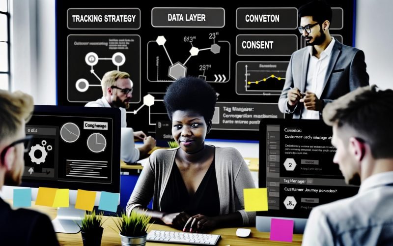 Konzentrierte Marketing-Managerin im modernen Büro vor drei Monitoren mit Dashboards, Tag-Manager und Consent-Popups, Post-its mit Schlagworten; im Hintergrund Kollegen an einem Whiteboard mit Customer Journey Map.