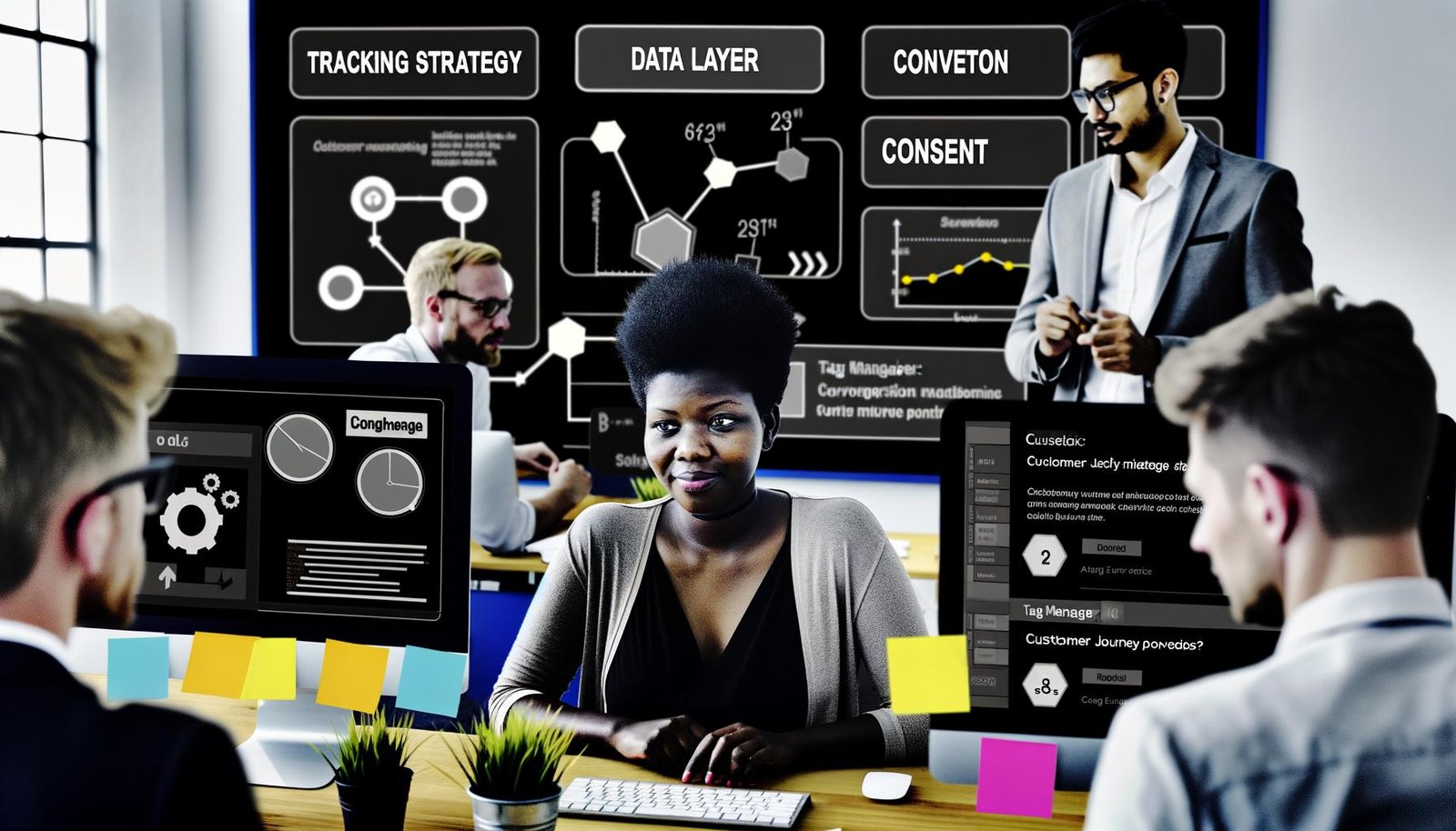 Konzentrierte Marketing-Managerin im modernen Büro vor drei Monitoren mit Dashboards, Tag-Manager und Consent-Popups, Post-its mit Schlagworten; im Hintergrund Kollegen an einem Whiteboard mit Customer Journey Map.
