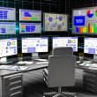 Futuristischer Büroarbeitsplatz mit mehreren Bildschirmen voller SEO-Analytics, Keyword-Tools und Rankings, strukturierter Schreibtisch mit Notizen und Checklisten, große bunte Website im Hintergrund zwischen verschwimmenden Konkurrenzseiten.