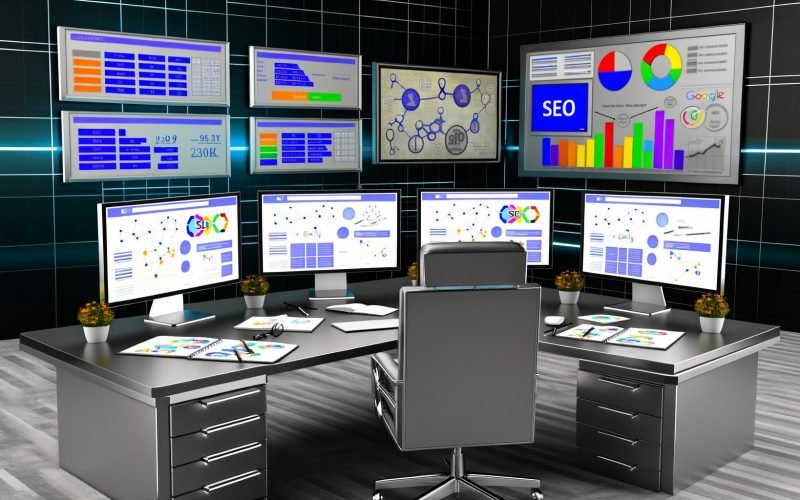 Futuristischer Büroarbeitsplatz mit mehreren Bildschirmen voller SEO-Analytics, Keyword-Tools und Rankings, strukturierter Schreibtisch mit Notizen und Checklisten, große bunte Website im Hintergrund zwischen verschwimmenden Konkurrenzseiten.