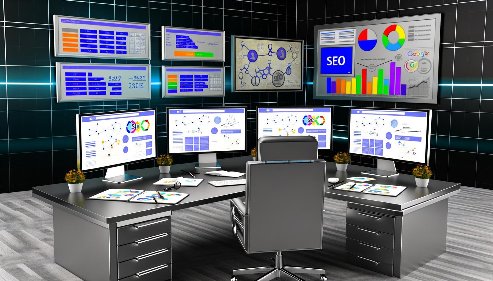Futuristischer Büroarbeitsplatz mit mehreren Bildschirmen voller SEO-Analytics, Keyword-Tools und Rankings, strukturierter Schreibtisch mit Notizen und Checklisten, große bunte Website im Hintergrund zwischen verschwimmenden Konkurrenzseiten.