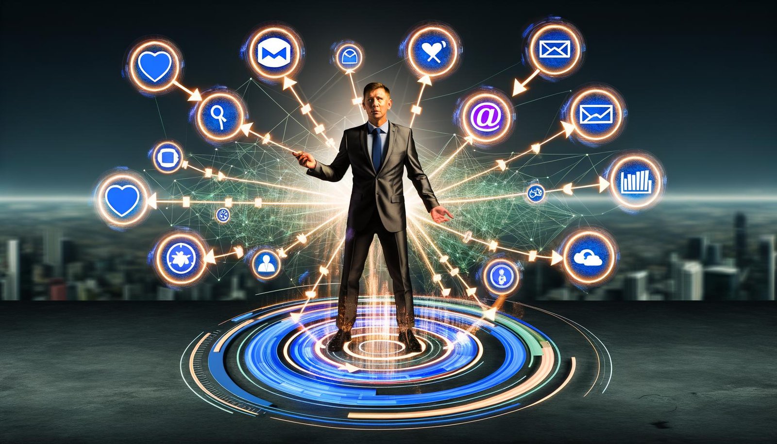 Collage einer 360-Grad-Marketingkampagne mit Geschäftsperson im Zentrum, umgeben von Icons und Diagrammen, die verschiedene Marketingkanäle und deren Integration repräsentieren.