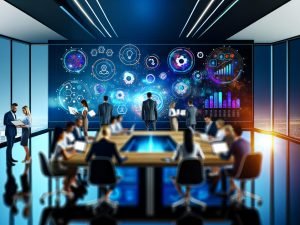 Diverse Marketingexperten arbeiten fokussiert vor einer großen Glastafel mit bunten Datenvisualisierungen und Diagrammen in einem modernen, technologiegetriebenen Büro.