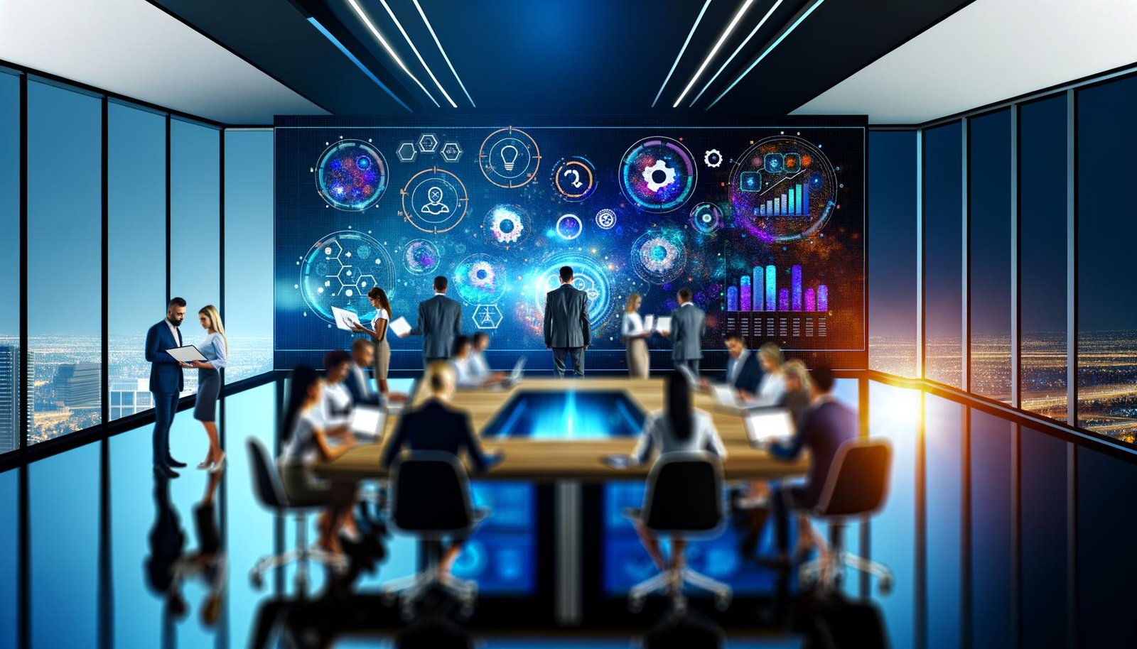 Diverse Marketingexperten arbeiten fokussiert vor einer großen Glastafel mit bunten Datenvisualisierungen und Diagrammen in einem modernen, technologiegetriebenen Büro.