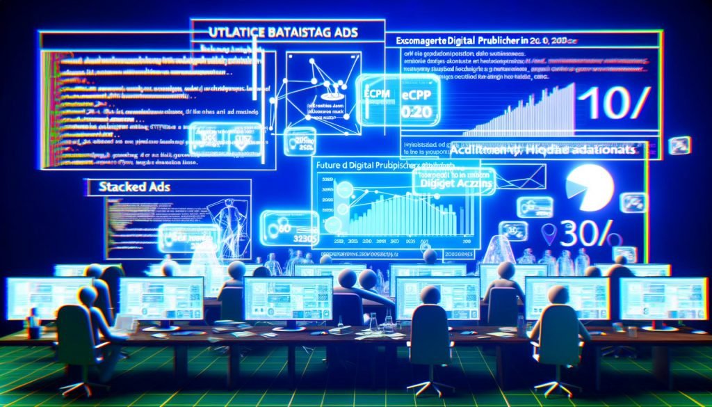 Futuristischer Redaktionsarbeitsplatz 2025 mit holografischen Werbemetriken, modernen Ad-Lösungen und verblassten Banneranzeigen im Hintergrund.