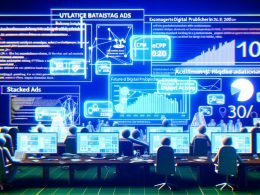 Futuristischer Redaktionsarbeitsplatz 2025 mit holografischen Werbemetriken, modernen Ad-Lösungen und verblassten Banneranzeigen im Hintergrund.