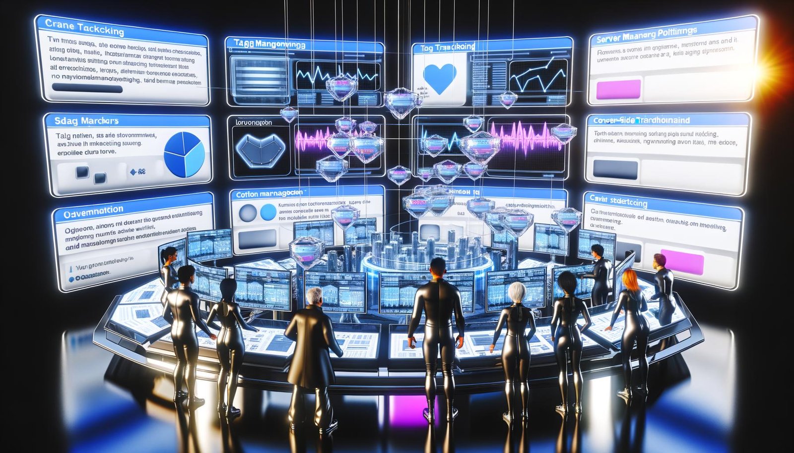 Digitales Command Center mit schwebenden Dashboards, Datenströmen und Teams aus Marketern und Entwicklern vor zentralen Bildschirmen mit Symbolen für Tag Management, Consent Management, Server-seitiges Tracking und Datenlayer
