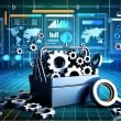 Kontrastreiche Illustration eines modernen Werkzeugkastens mit SEO-Tools, Zahnrädern, Daten-Diagrammen und Computerbildschirmen im Hintergrund, gestaltet im urban-digitalen Stil mit kühlen Farben und Neon-Orange-Akzenten.