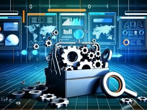 Kontrastreiche Illustration eines modernen Werkzeugkastens mit SEO-Tools, Zahnrädern, Daten-Diagrammen und Computerbildschirmen im Hintergrund, gestaltet im urban-digitalen Stil mit kühlen Farben und Neon-Orange-Akzenten.