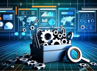 Kontrastreiche Illustration eines modernen Werkzeugkastens mit SEO-Tools, Zahnrädern, Daten-Diagrammen und Computerbildschirmen im Hintergrund, gestaltet im urban-digitalen Stil mit kühlen Farben und Neon-Orange-Akzenten.