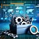 Kontrastreiche Illustration eines modernen Werkzeugkastens mit SEO-Tools, Zahnrädern, Daten-Diagrammen und Computerbildschirmen im Hintergrund, gestaltet im urban-digitalen Stil mit kühlen Farben und Neon-Orange-Akzenten.