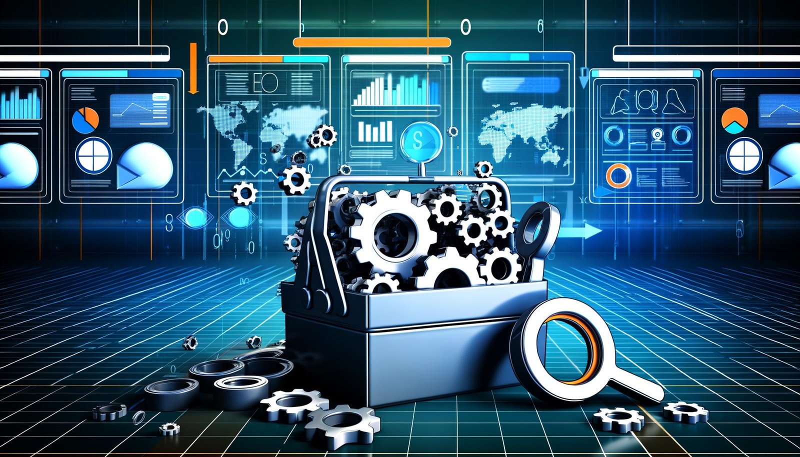 Kontrastreiche Illustration eines modernen Werkzeugkastens mit SEO-Tools, Zahnrädern, Daten-Diagrammen und Computerbildschirmen im Hintergrund, gestaltet im urban-digitalen Stil mit kühlen Farben und Neon-Orange-Akzenten.