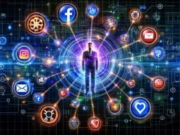 Moderne, minimalistische Illustration eines geöffneten Laptops mit komplexem Datenmodell auf dem Bildschirm, umgeben von Dashboards, Marketing-Kanal-Symbolen und Datenquellen im Kontrollraum.
