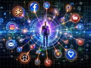 Moderne, minimalistische Illustration eines geöffneten Laptops mit komplexem Datenmodell auf dem Bildschirm, umgeben von Dashboards, Marketing-Kanal-Symbolen und Datenquellen im Kontrollraum.
