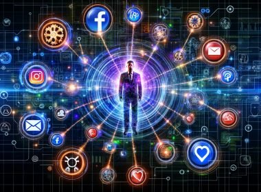 Moderne, minimalistische Illustration eines geöffneten Laptops mit komplexem Datenmodell auf dem Bildschirm, umgeben von Dashboards, Marketing-Kanal-Symbolen und Datenquellen im Kontrollraum.