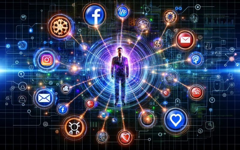 Illustration eines modernen Marketing-Managers, umgeben von Icons für Google Ads, Facebook, Instagram, LinkedIn, TikTok, E-Mail, Blog, QR-Code, POS-Schild und Event-Einladung, verbunden durch leuchtende Netzlinien und Datenströme, im Hintergrund Zahnräder und Analyse-Diagramme.