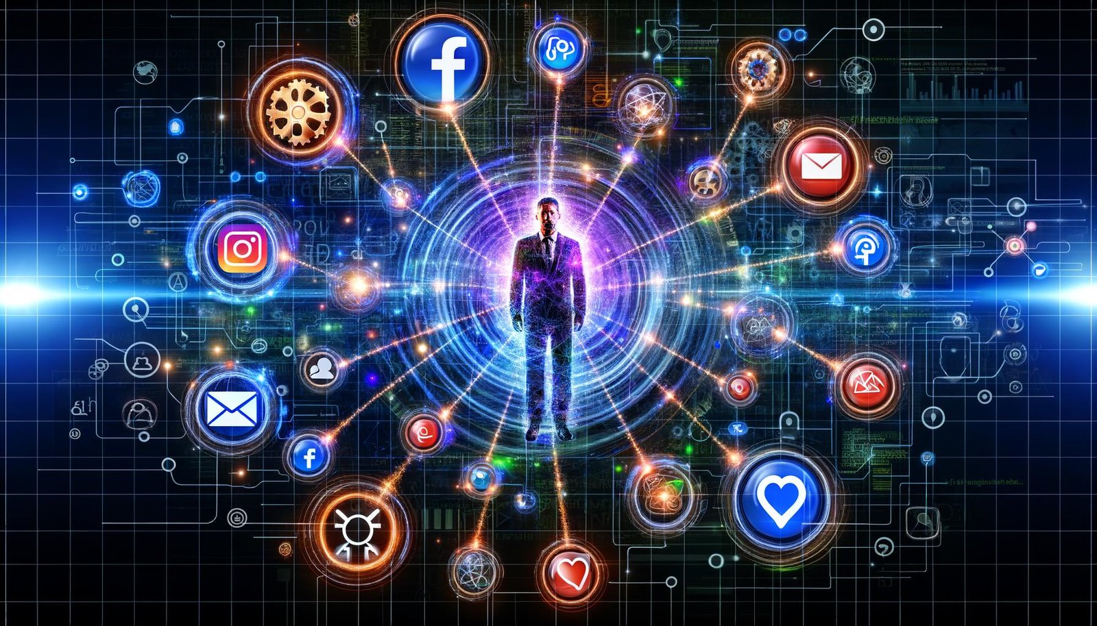 Moderne, minimalistische Illustration eines geöffneten Laptops mit komplexem Datenmodell auf dem Bildschirm, umgeben von Dashboards, Marketing-Kanal-Symbolen und Datenquellen im Kontrollraum.