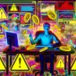 Illustration eines überforderten Webseitenbetreibers nachts am Schreibtisch, umgeben von Analytics, Pop-up-Anzeigen, Adblocker-Icons und Warnschildern für Ad Fraud im digitalen Chaos.