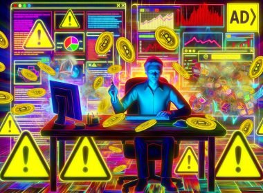 Illustration eines überforderten Webseitenbetreibers nachts am Schreibtisch, umgeben von Analytics, Pop-up-Anzeigen, Adblocker-Icons und Warnschildern für Ad Fraud im digitalen Chaos.