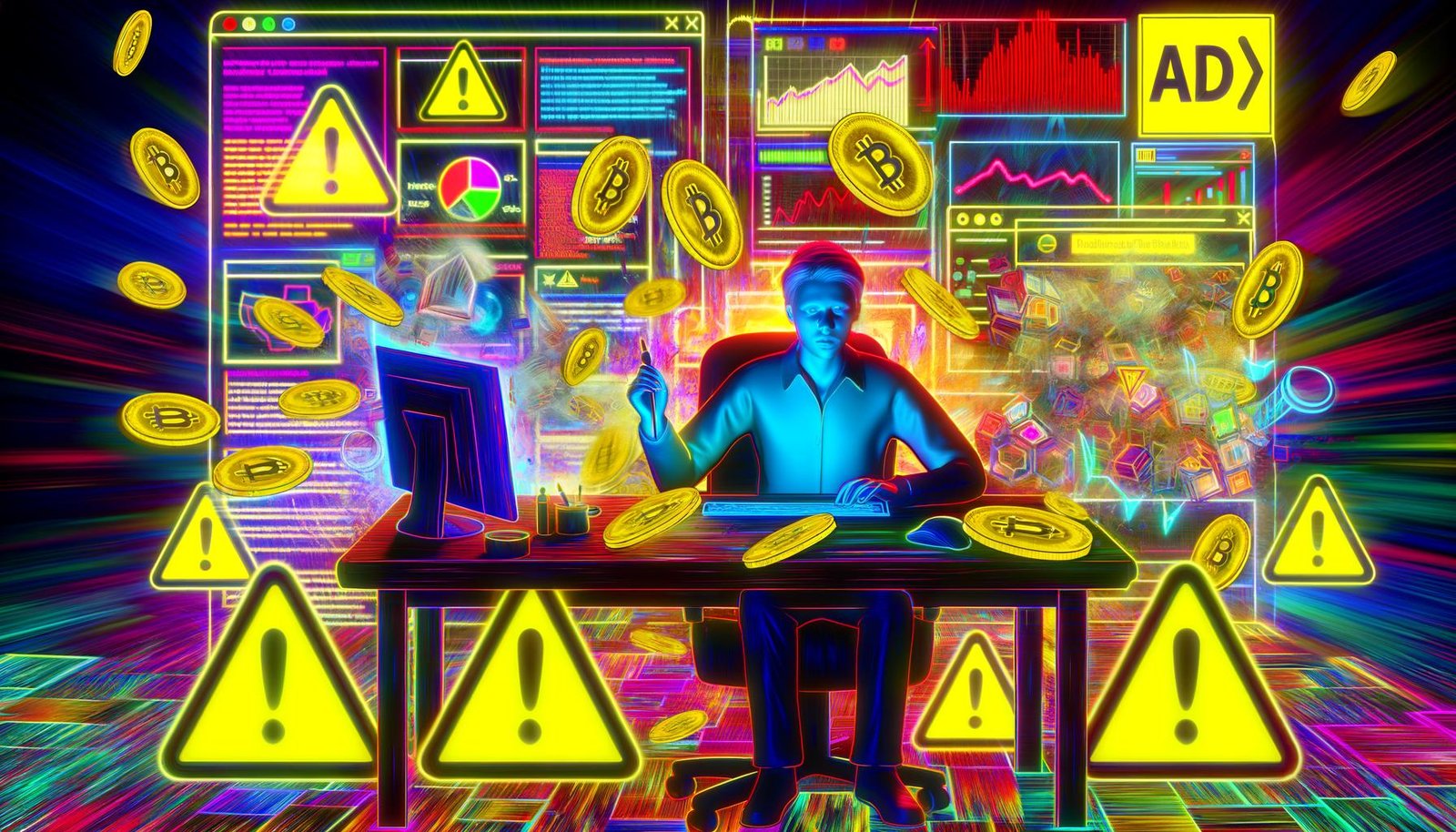 Illustration eines überforderten Webseitenbetreibers nachts am Schreibtisch, umgeben von Analytics, Pop-up-Anzeigen, Adblocker-Icons und Warnschildern für Ad Fraud im digitalen Chaos.