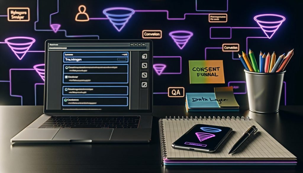 Moderner, aufgeräumter Schreibtisch im Dark Mode mit Laptop, Tracking-Checkliste, Smartphone mit Consent-Popup, Notizblock mit Funnel-Zeichnungen und bunten Datenströmen im Hintergrund.