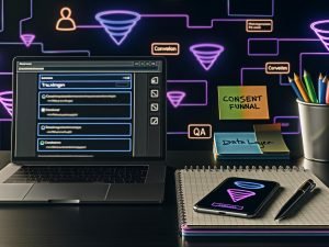 Moderner, aufgeräumter Schreibtisch im Dark Mode mit Laptop, Tracking-Checkliste, Smartphone mit Consent-Popup, Notizblock mit Funnel-Zeichnungen und bunten Datenströmen im Hintergrund.