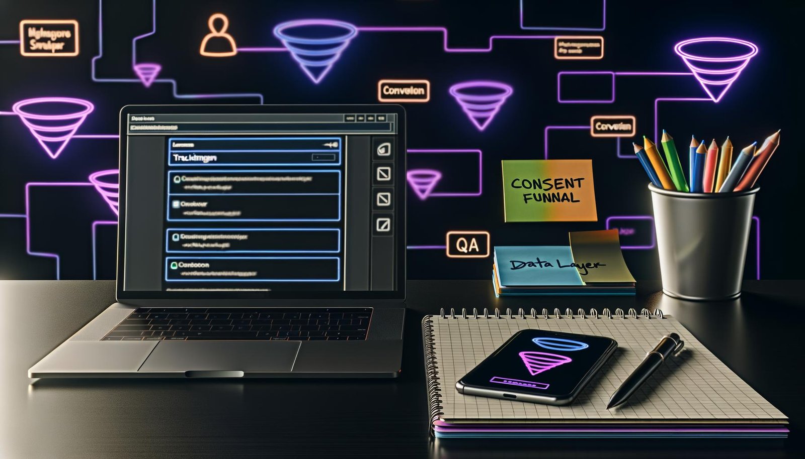 Moderner, aufgeräumter Schreibtisch im Dark Mode mit Laptop, Tracking-Checkliste, Smartphone mit Consent-Popup, Notizblock mit Funnel-Zeichnungen und bunten Datenströmen im Hintergrund.